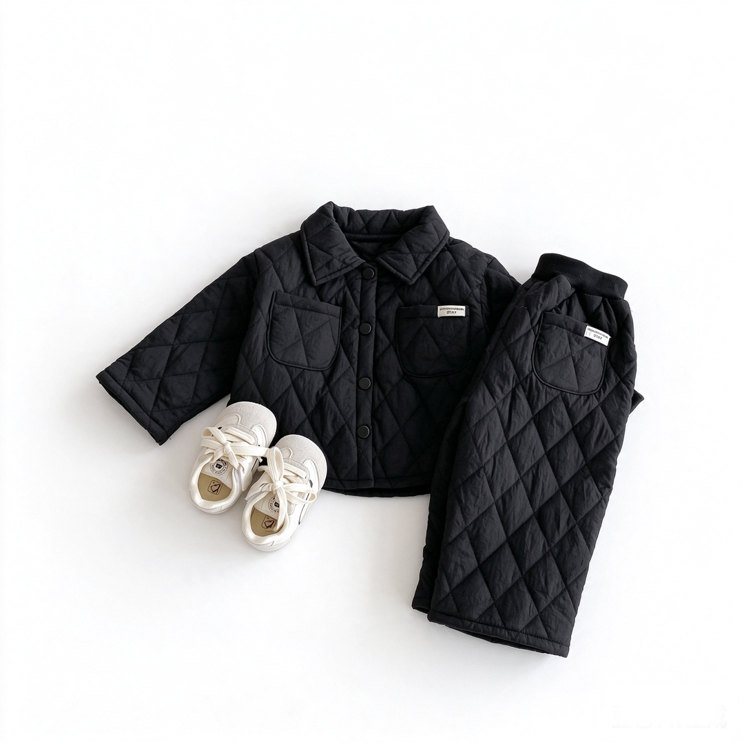 Baby Cream Diamond Quilted Jacket and Matching Pants Warm Outfit