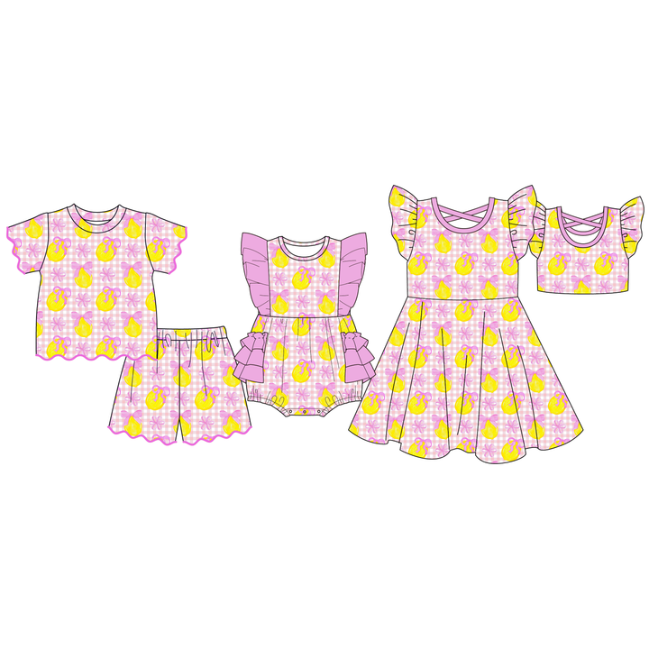 Girls' pink bow lemon printed ruffle dress sibling outfits