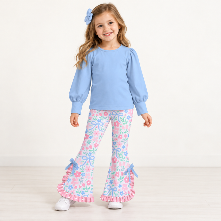 Girls Puff Sleeve Top and Floral Ruffle Bell Bottom Pants Set