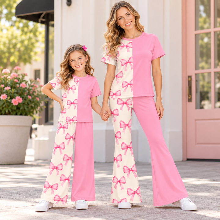 Mommy and Me Colorblock Bow Print Lounge Set
