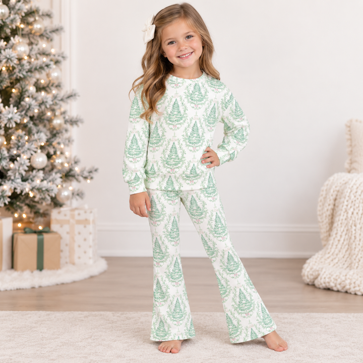 Girls Vintage Christmas Tree Print Sweatshirt & Flare Pants Set