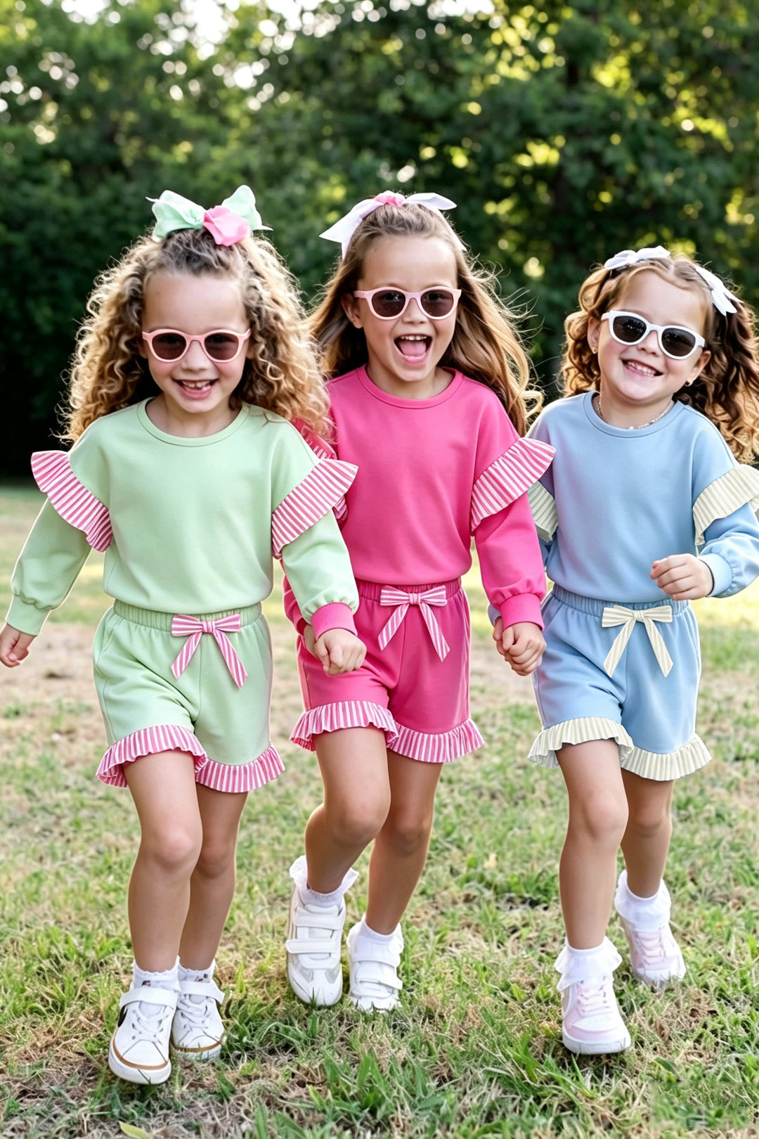 Girls Striped Ruffle Long Sleeve Top & Shorts 2PCS Set