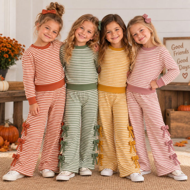 Girls Striped Pullover Sweatshirt&Bowknot Bottom Pants