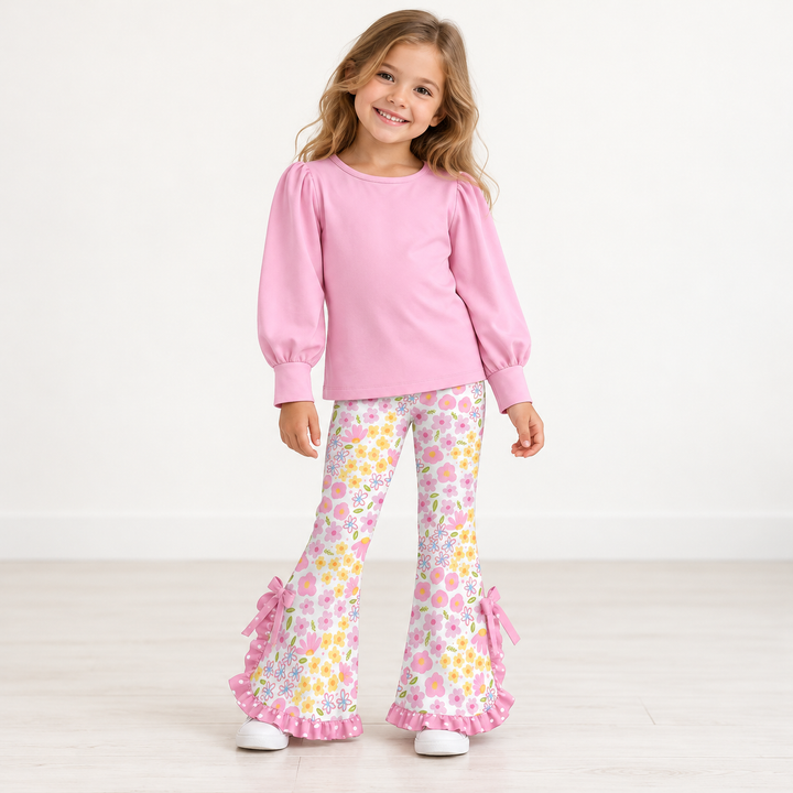 Girls Puff Sleeve Top and Floral Ruffle Bell Bottom Pants Set