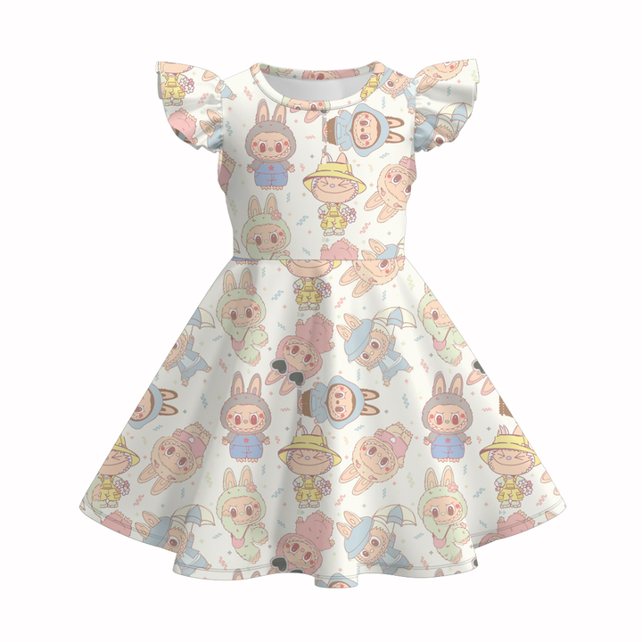 Girls flutter sleeve twirl dress with labubu printed
