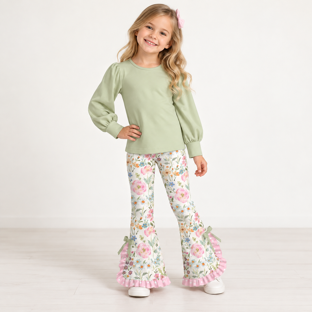 Girls Puff Sleeve Top and Floral Ruffle Bell Bottom Pants Set