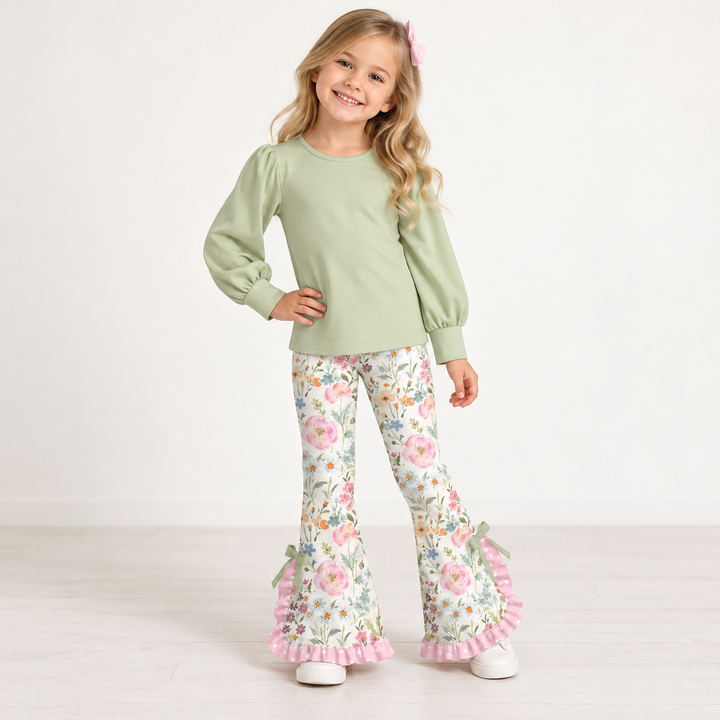Girls Puff Sleeve Top and Floral Ruffle Bell Bottom Pants Set