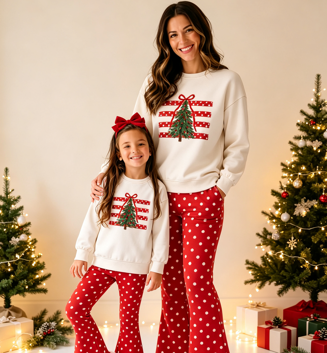 Christmas Bow Tree Mommy&Me Polka Dot Bell Bottom Set