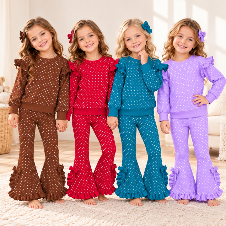 Girls Polka-dot Ruffle Long Sleeve Top & Flare Bowknot Pants Set