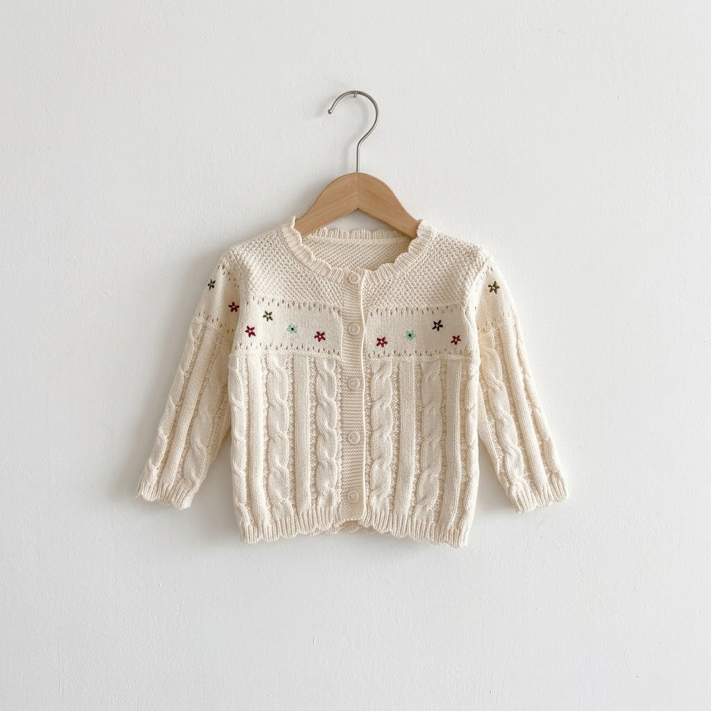 Embroidered Flower Cable Knit Sweater for baby girls