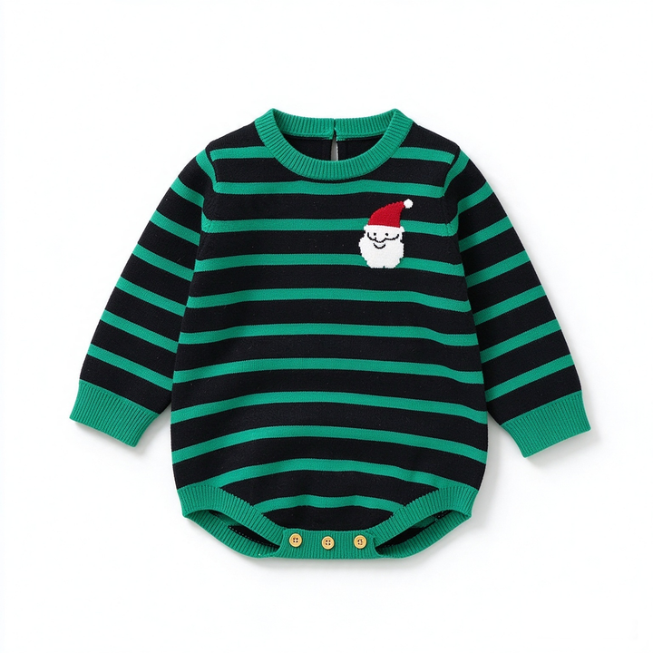 Baby Christmas Green &amp; Black Striped Santa Jacquard Knit Romper