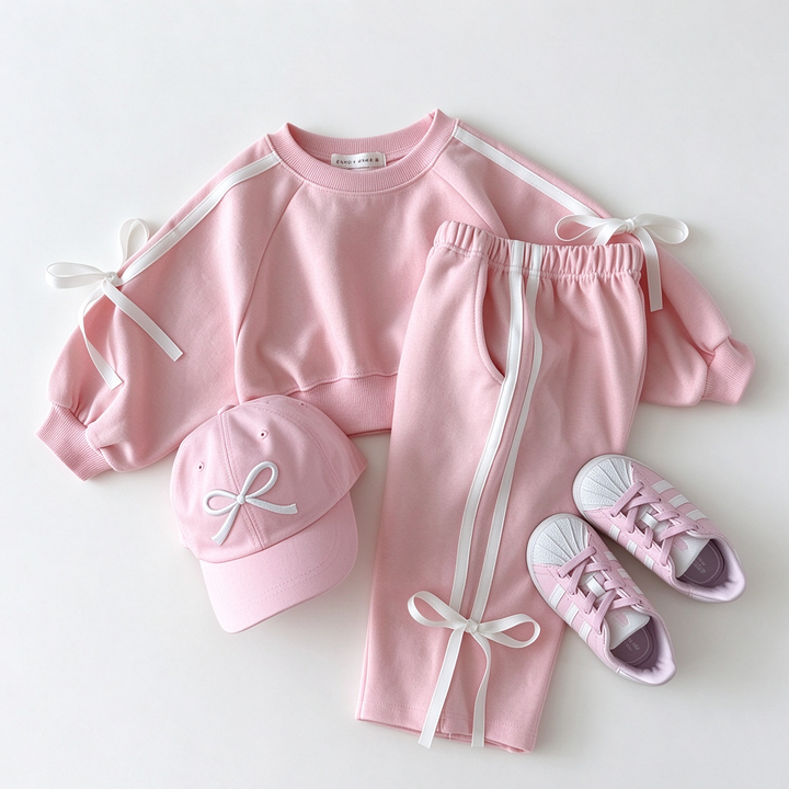 Girls Bows Tied Pullover Sweatshirt and Pants Set Personalized Name Tracksuit