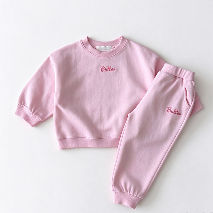 Girls' Pastel Butter Embroidered Sweatshirt & Jogger Set