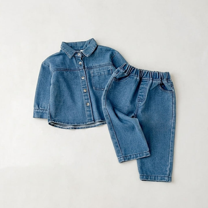 Kids Denim Button-Down Long Sleeve Shirt Top &amp; Jeans Pants Outfits