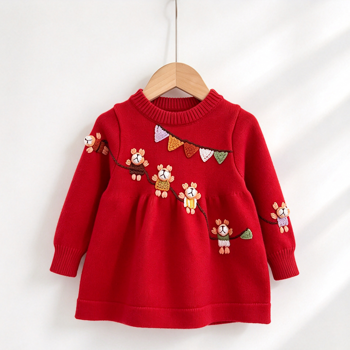 Baby Girls' Cute Bear Embroidered Knit Dress Red Sweater Dress for Christmas