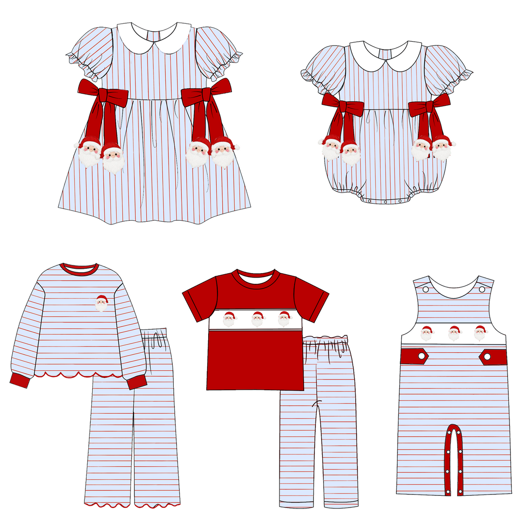 Christmas Blue Stripe Santa Embroidery Sibling Matching Outfits Collection