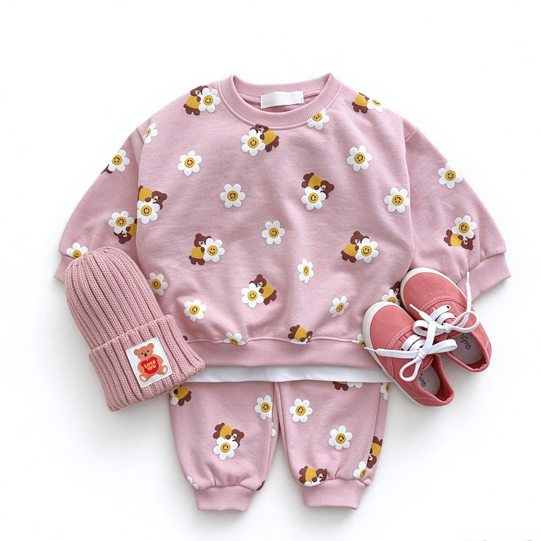 Girls Cute Bear Smiley Flower Sweatshirt Pants Set