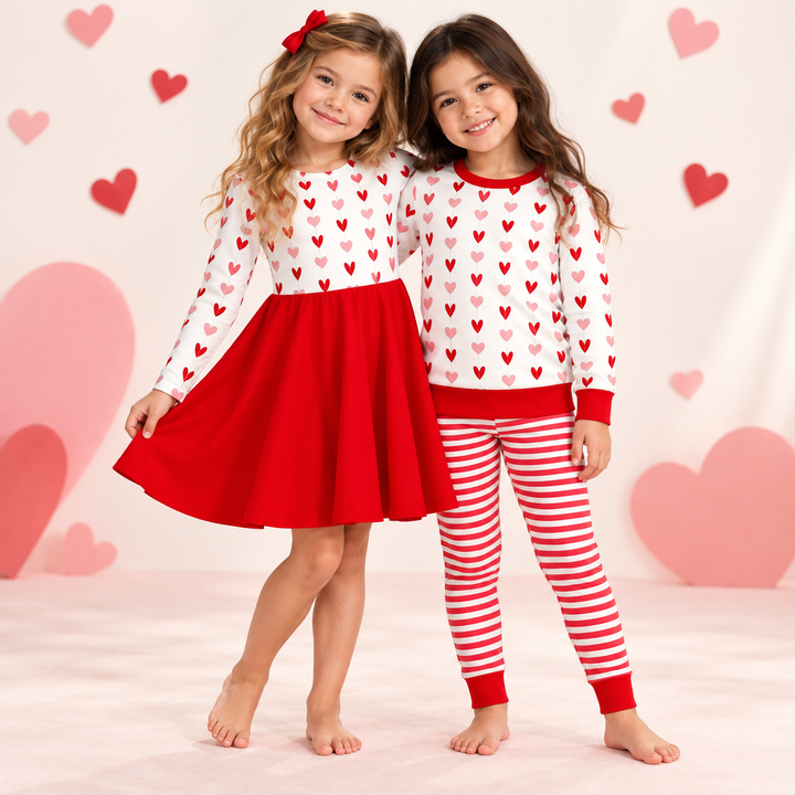 Girls Red Heart Print Twirl Dress Loungewear Set for Valentine