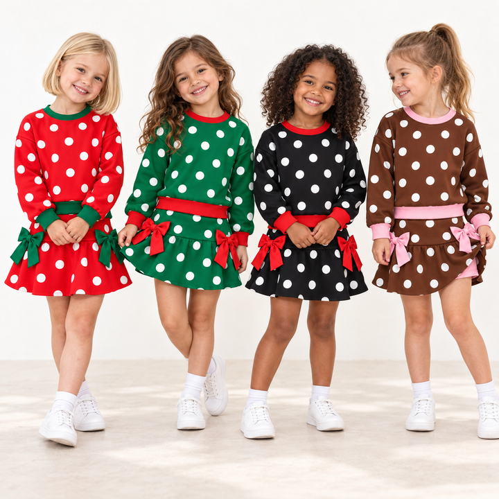 Girls Polka Dot Pullover Top &amp; Bow Skort Set Holiday Outfits