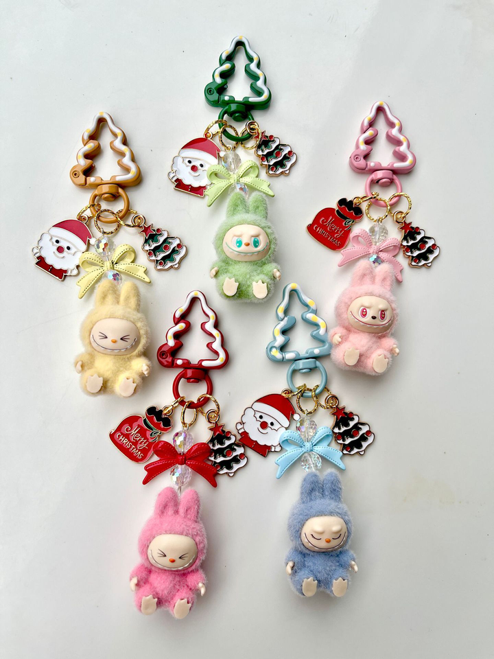 Christmas flocking mini Labubu keychain bag pendant