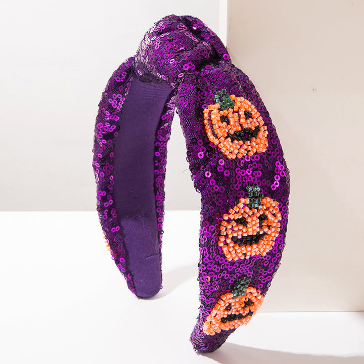 Hand-beaded Sequined Pumpkin Knotted Headband Halloween Hair Accessory
