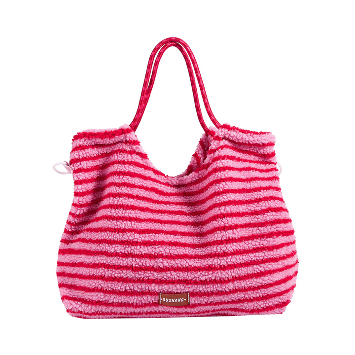 Striped plush large capacity shoulder tote bag