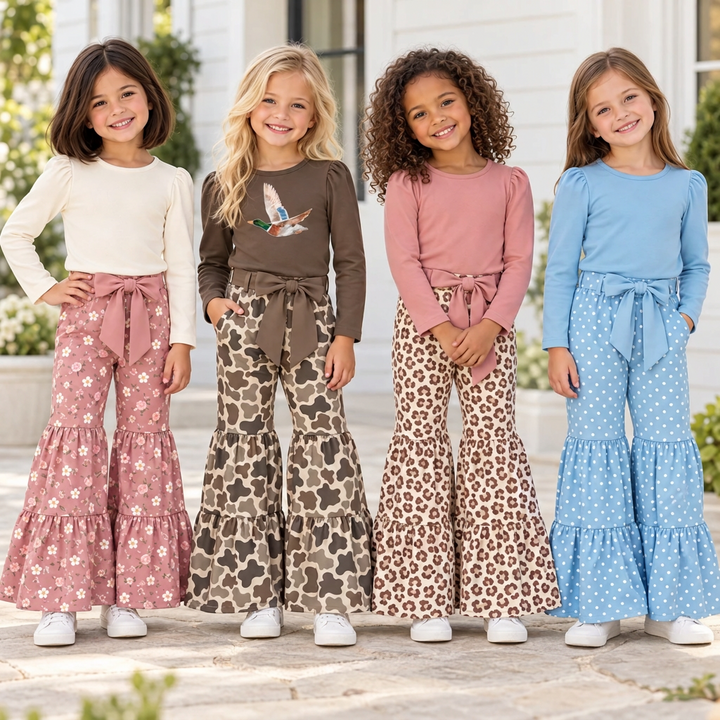 Girls Solid Top &amp; Tiered Ruffle Flare Bowknot Pants 2PCS Set