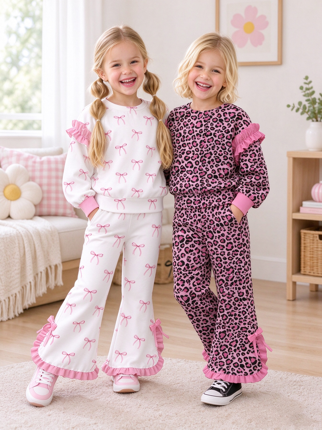 Girls Ruffle Sleeve Sweatshirt & Bell Bottoms 2PCS Set
