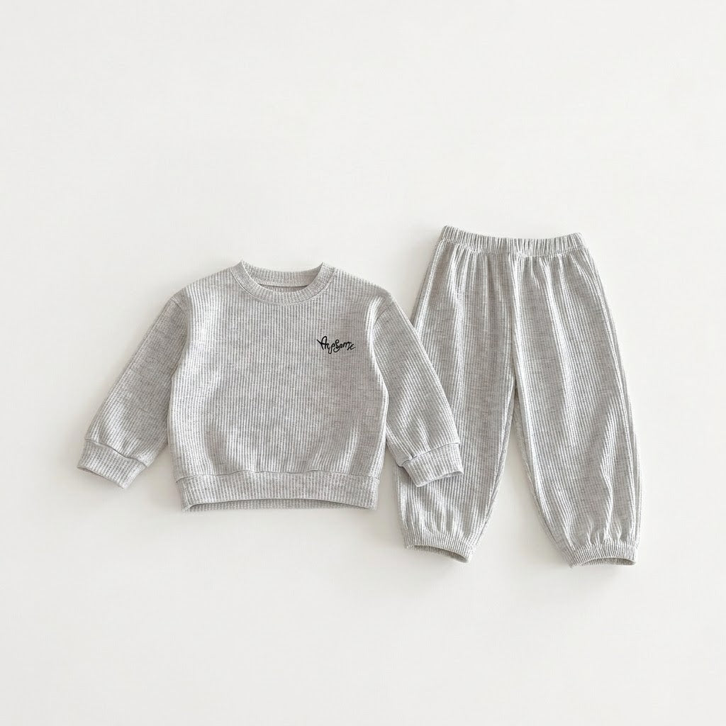 Kids Waffle Knit Sweatshirt &amp; Matching Pants Loungewear 2-Piece Outfit