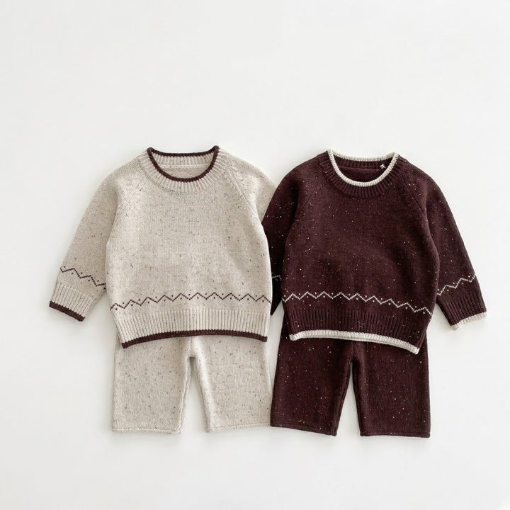 Girls Flecked Pullover Geometric Jacquard Sweater &amp; Matching Knit Pants Outfits