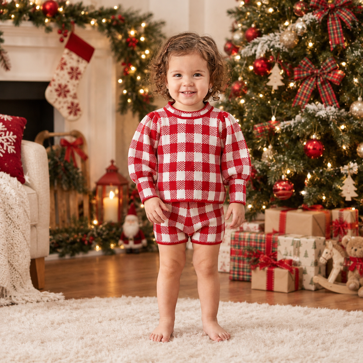 Baby Girl Christmas Gingham Plaid Knitted Pullover Sweater and Shorts 2PCS Set