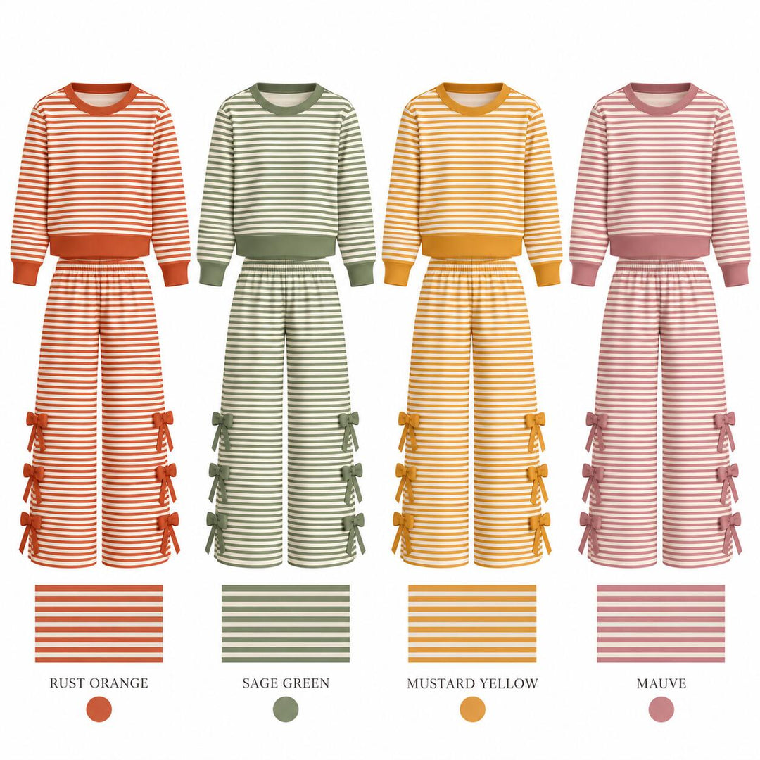 Girls Striped Pullover Sweatshirt&Bowknot Bottom Pants
