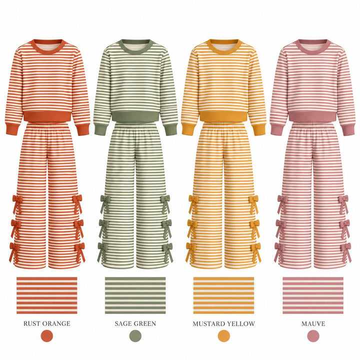 Girls Striped Pullover Sweatshirt&Bowknot Bottom Pants