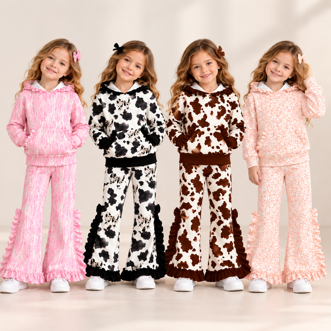Girls Leopard Print Ruffle Hoodie & Flare Pants 2PCS Outfit Set