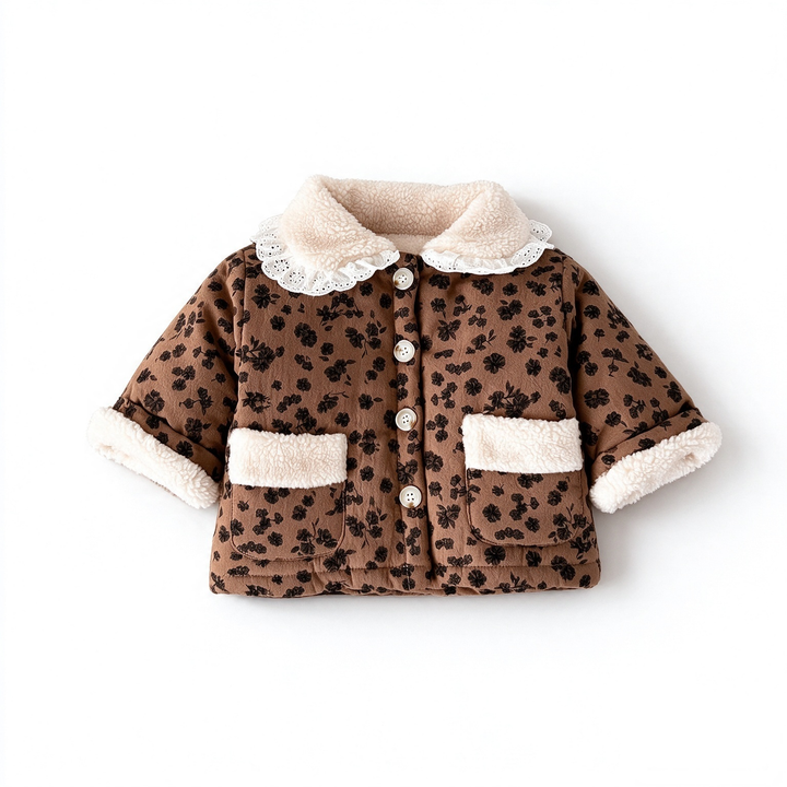 Baby Girl Floral Sherpa Collar Quilted Jacket Warm Coat