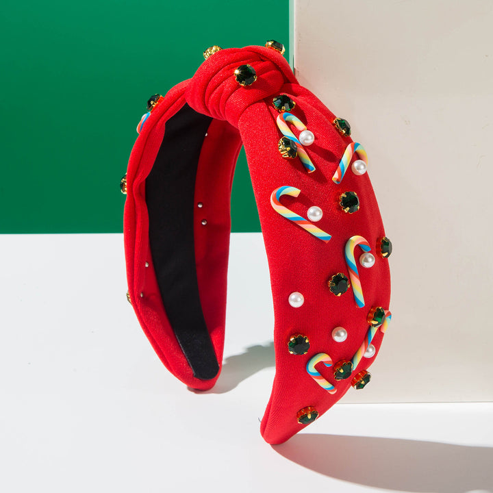 Christmas Candy Cane Rhinestones Charms Knotted Headband