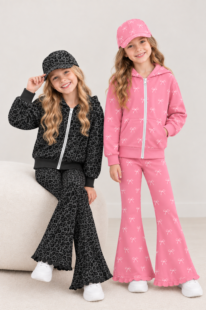 Girls Hooded Zip-Up Jacket& Ruffle Flare Pants 2PCS Set