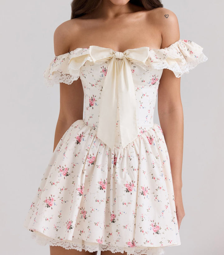 French sweet one shoulder bow floral lace waist dress