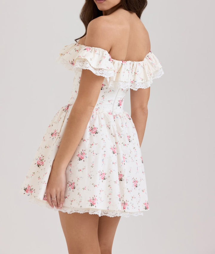 French sweet one shoulder bow floral lace waist dress