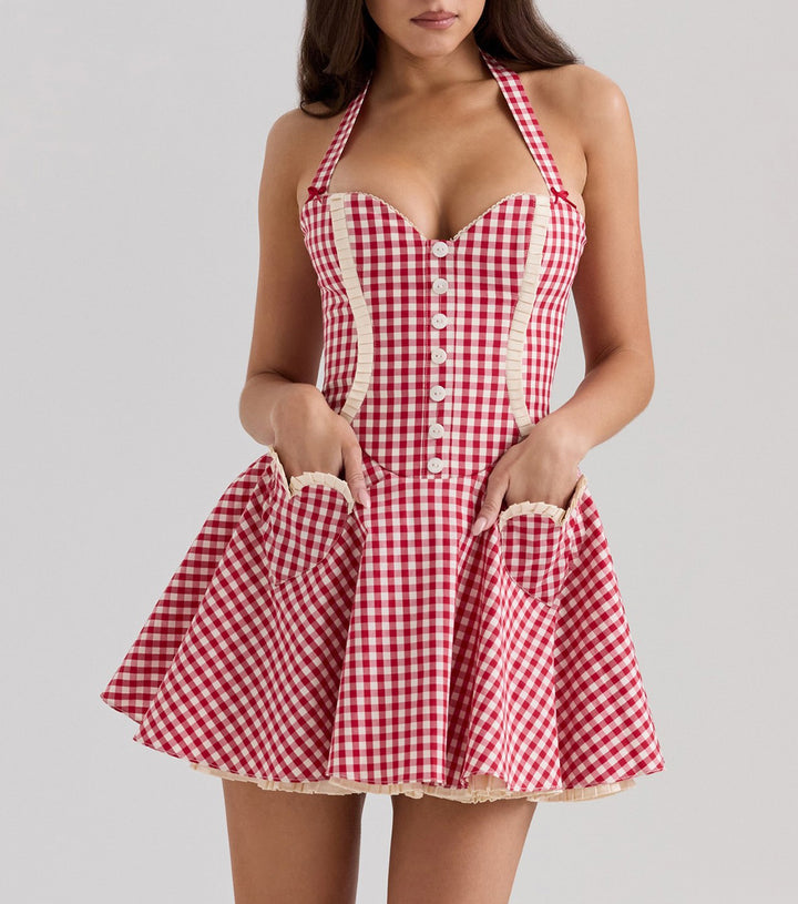 Sweetheart red plaid halter neck backless mini dress