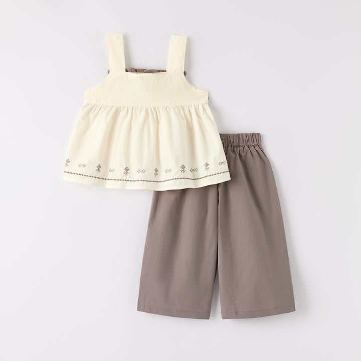 Girls Embroidered Lace Top&Wide Leg Pants Set