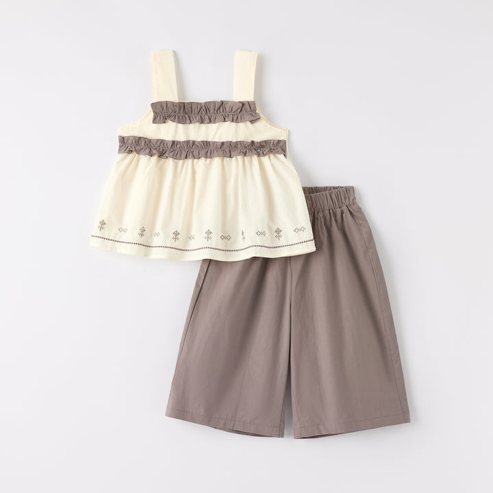 Girls Embroidered Lace Top&Wide Leg Pants Set