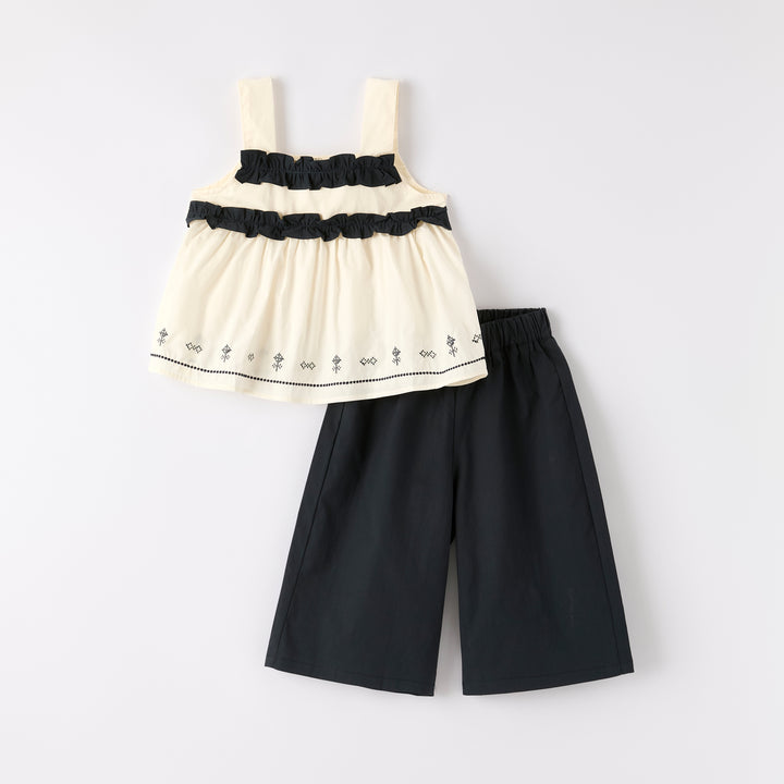 Girls Embroidered Lace Top&Wide Leg Pants Set