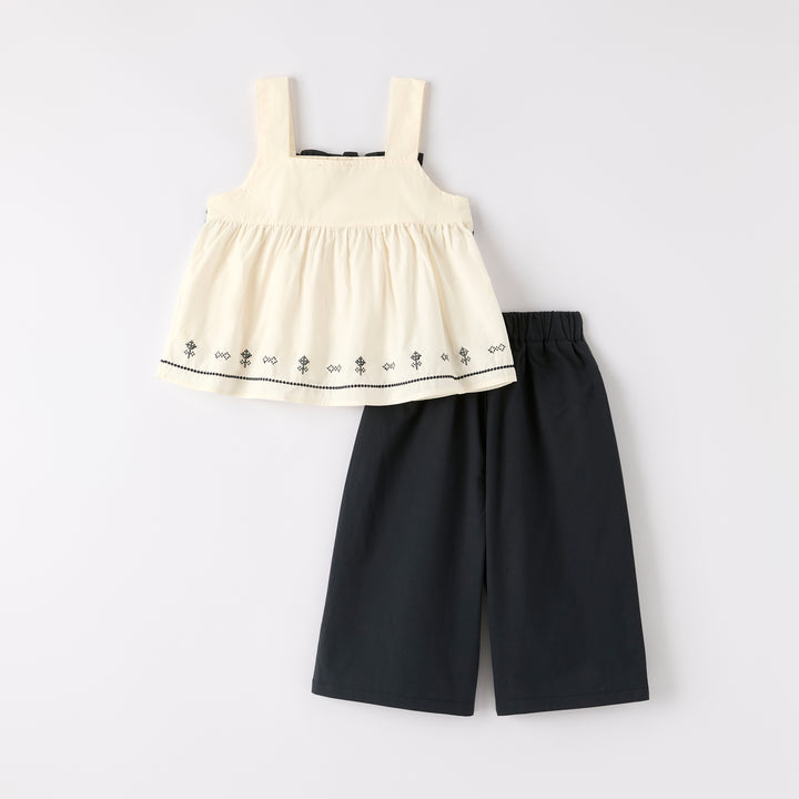 Girls Embroidered Lace Top&Wide Leg Pants Set