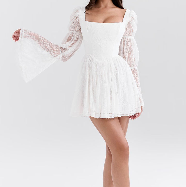 Lace square collar slim waist A-line dress