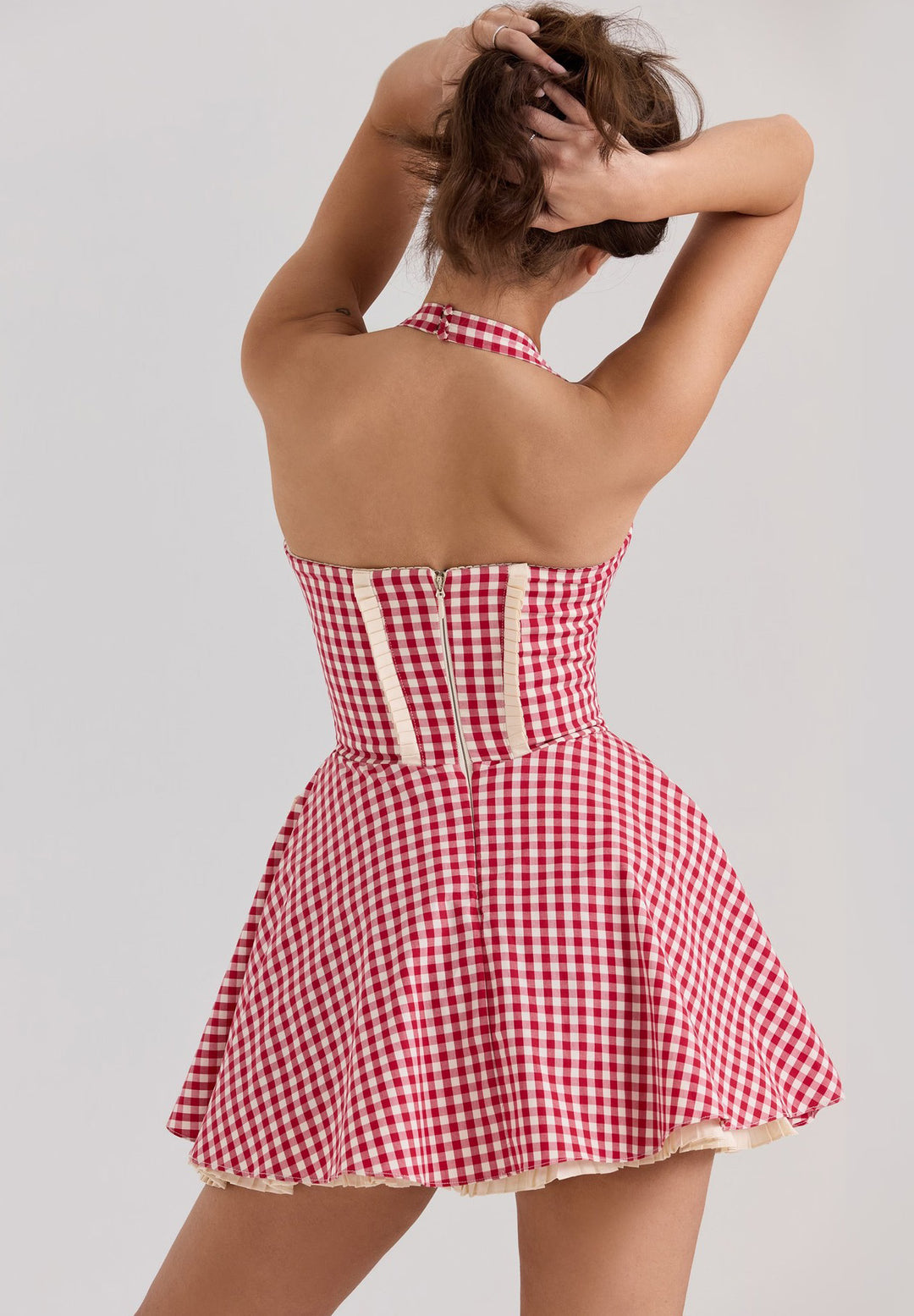 Sweetheart red plaid halter neck backless mini dress