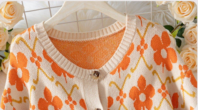 Floral Jacquard Sweater Knitted Cardigan Coat for women