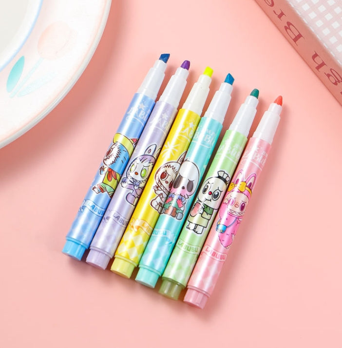 Cartoon Labubu 6 Assorted Colors fluorescent Highlighter Pens