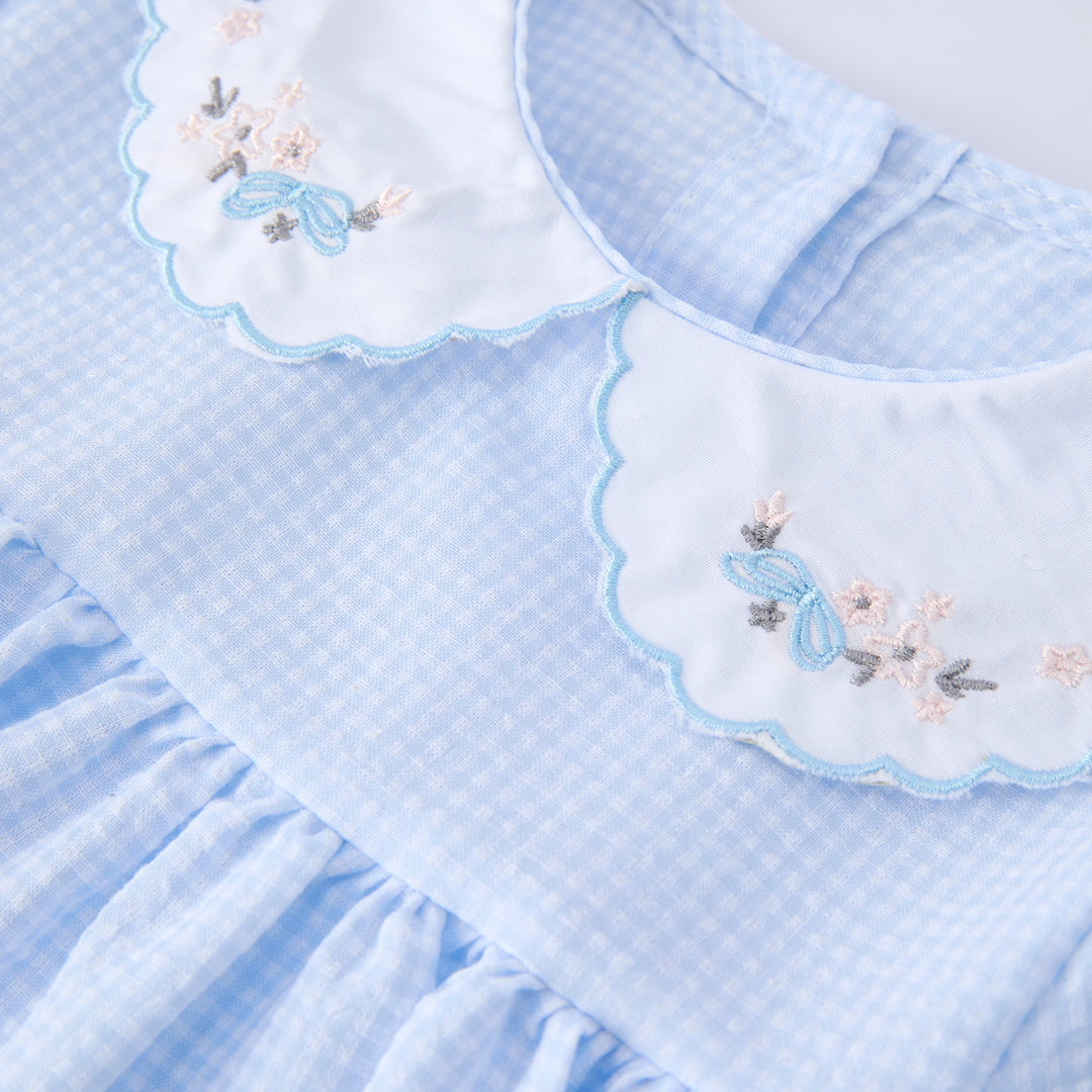 Girls flower embroidered blue plaid dress