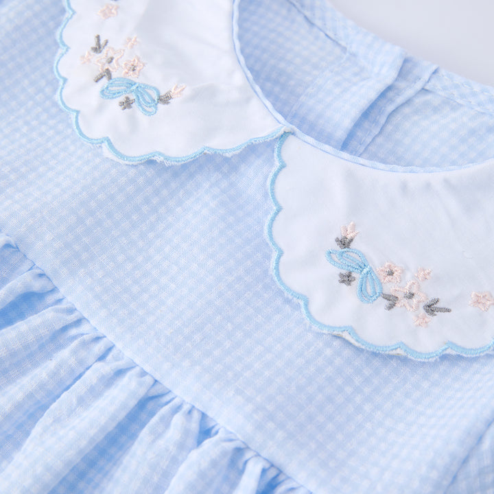 Girls flower embroidered blue plaid dress